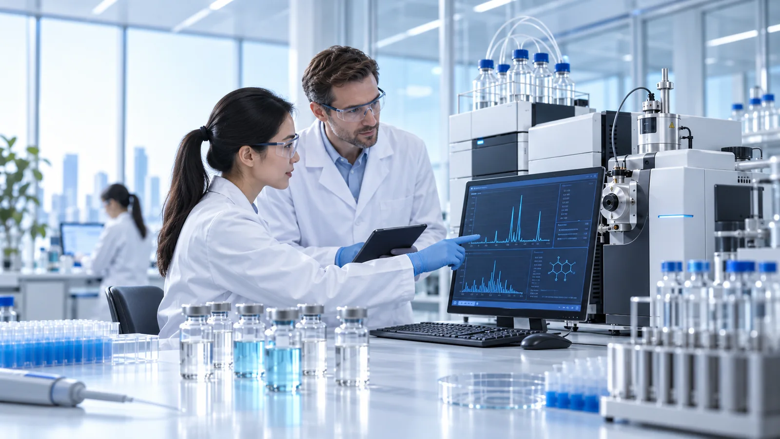Illustrative laboratory team reviewing analytical results on a monitor.
