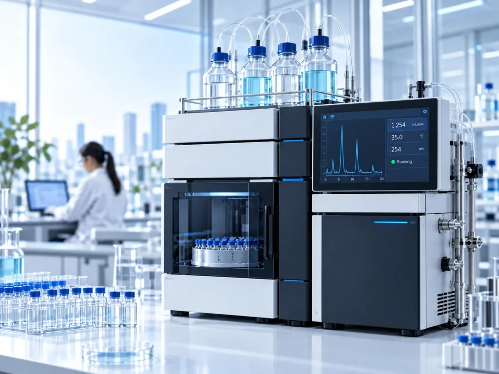 Illustrative HPLC system with sample tray and solvent reservoirs.