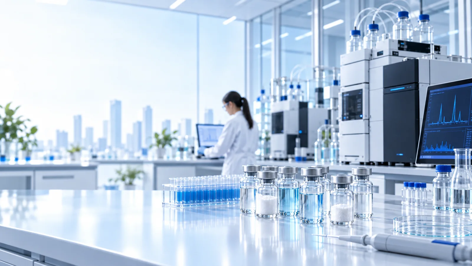 Illustrative laboratory benches with analytical instruments and sample vials.