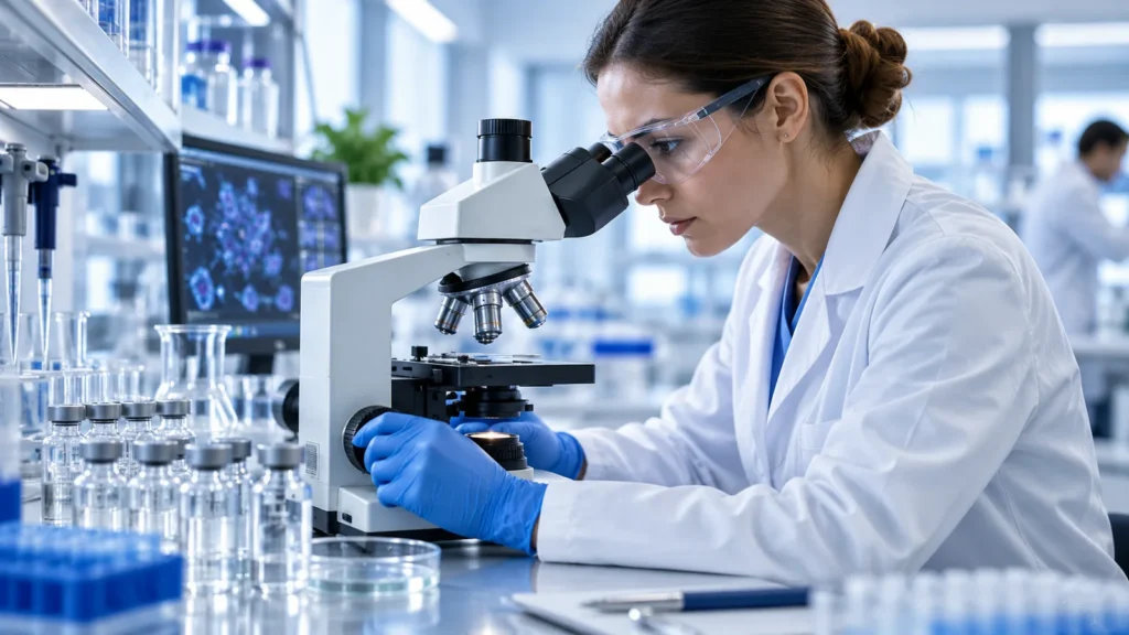 Illustrative scientist examining a sample with a laboratory microscope.